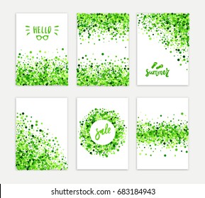 Summer sale vector creative six greeting card set of green round particles. Scattered confetti circles. All isolated and layered