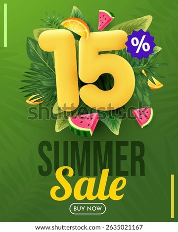 Summer sale vector design. Summer sale with 15 percent's 3d discount text with beach elements. Vector illustration summer sale promo.