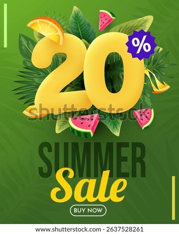 Summer sale vector design. Summer sale with 20 percent's 3d discount text with beach elements. Vector illustration summer sale promo.