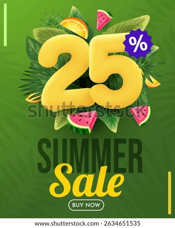 Summer sale vector design. Summer sale with 25 percent's 3d discount text with beach elements. Vector illustration summer sale promo.