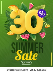 Summer sale vector design. Summer sale with 30 percent's 3d discount text with beach elements. Vector illustration summer sale promo.