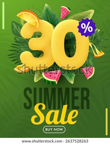 Summer sale vector design. Summer sale with 30 percent's 3d discount text with beach elements. Vector illustration summer sale promo.
