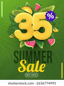 Summer sale vector design. Summer sale with 35 percent's 3d discount text with beach elements. Vector illustration summer sale promo.