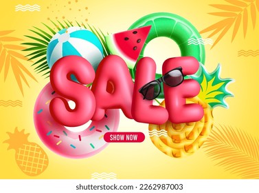 Diseño vectorial de venta de verano. Venta de verano de texto 3d para vacaciones promociones de temporada con elementos de playa en segundo plano. Ilustración vectorial anuncios de ventas de verano.