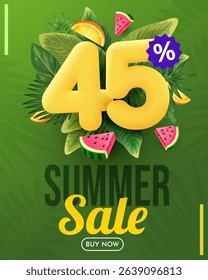 Summer sale vector design. Summer sale with 45 percent's 3d discount text with beach elements. Vector illustration summer sale promo.