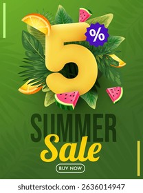 Summer sale vector design. Summer sale with 5 percent's 3d discount text with beach elements. Vector illustration summer sale promo.
