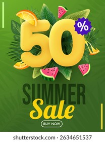 Summer sale vector design. Summer sale with 50 percent's 3d discount text with beach elements. Vector illustration summer sale promo.