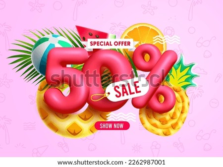 Summer sale vector design. Summer sale with 50% 3d discount text with beach elements. Vector illustration summer sale promo.