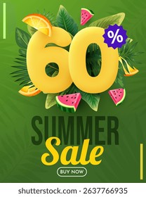 Summer sale vector design. Summer sale with 60 percent's 3d discount text with beach elements. Vector illustration summer sale promo.