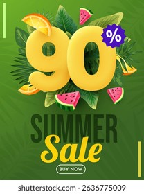 Summer sale vector design. Summer sale with 90 percent's 3d discount text with beach elements. Vector illustration summer sale promo.