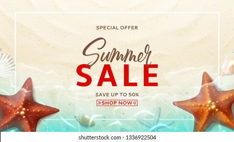 Summer sale vector design banner. Summer background with top view on realistic seashells and starfishes on beach in sea water. Vector illustration with special discount offer.