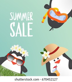 Summer sale vector design with cute summer penguin characters