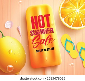 Summer sale vector design. Hot summer sale save up to 25% off in lemon popsicle fruit holiday discount. Vector illustration summer sale promo banner.
