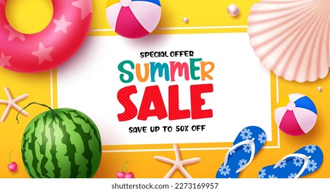 Diseño vectorial de venta de verano. La venta de verano ahorra hasta un 50% de descuento en la oferta especial de promoción de texto para la temporada de vacaciones. Plantilla de venta de verano de ilustraciones vectoriales. 
