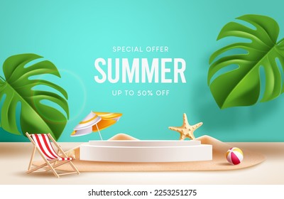 Summer sale vector design. Summer special offer text in podium stage product presentation holiday promo. Vector illustration tropical season promotion ads. 