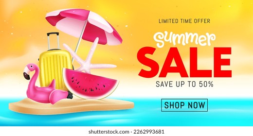Summer sale vector design. Summer sale text save up to 50% promo discount with beach element. Vector illustration summer promotion.
 
