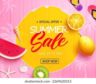 Summer sale vector design. Summer sale text with up to 50% off special offer promo discount. Vector illustration summer banner sale.
