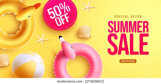 Summer sale vector design. Summer sale text with special offer 50% holiday promo discount. Vector illustration summer sale banner. 
