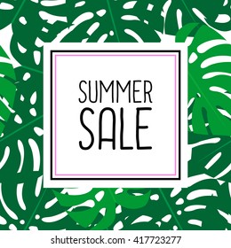 Summer sale vector design. Tropical leaves illustration. Bright summer card with frame. Cute vector monstera leaves background. Fashion jungle illustration. Summer tropical style banner and flyer.
