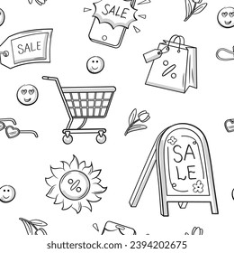 Summer Sale. Vector doodle illustrations on white background. Discounts, shopping cart, sun, sign, smartphone, flower and other elements.