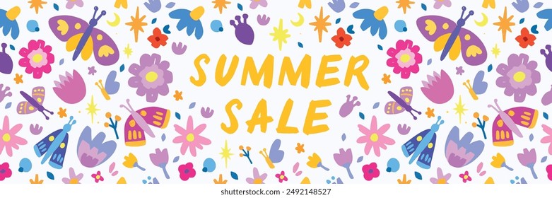 Summer Sale vector hand drawn background with wild flowers, meadow flowers. Doodle colorful banner, positive dopamine trendy style