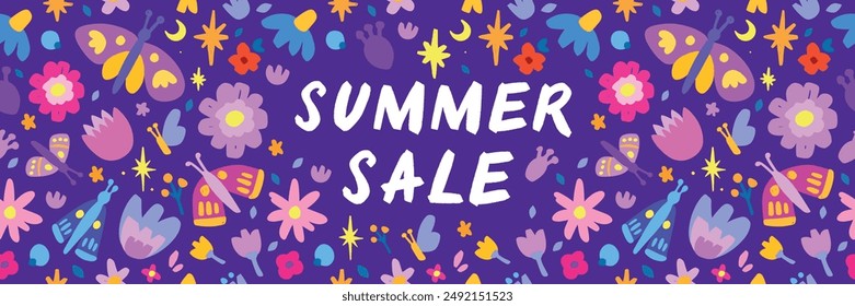 Summer Sale vector hand drawn background with wild flowers, meadow flowers. Doodle colorful banner, positive dopamine trendy style