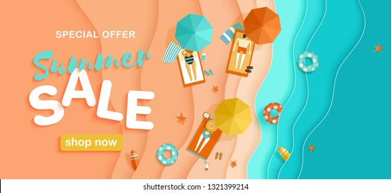 Summer sale, vector horizontal background with beach, sea waves, people sunbathing on sunbeds, parasols, lifebuoys, surfboards in paper cut style, top view