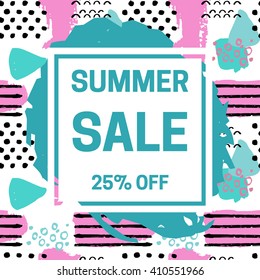 Summer Sale vector illustration. Vector background in retro 80s, 90s memphis  style. Text design for banner, business promotion, commerce, shop, fashion, design store . 