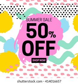 Summer Sale Vector Illustration. Vector Background In Retro 80s, 90s Memphis  Style.