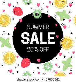 Summer Sale vector illustration. Vector background with strawberry, mint, orange pattern. Text design for banner, business promotion, commerce, shop, fashion, design store .