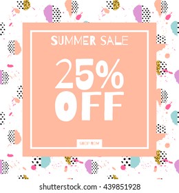 Summer Sale vector illustration. Vector background in retro 80s, 90s memphis style. Text design for banner, business promotion, commerce, shop, fashion, design store .