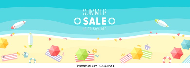 Summer sale vector illustration. Cartoon flat sunny hot beach background in summertime with blue tropical sea wave, boats, umbrellas. Promo web banner, voucher offer for hot special discount promotion