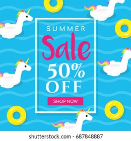 Summer sale vector illustration, Cute unicorn pool float and yellow inflatable ring floating on water.