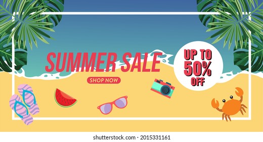 Summer sale vector illustration design for mobile and social media banner, poster, shopping ads, marketing material for product promotion. and other.