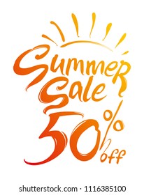 Summer Sale vector illustration. Discounts 50% off. Hand lettering inspirational typography poster. Handwritten banner, logo, label or badge.