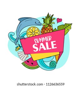 Summer sale. Vector illustration of hand drawn doodles. Cute Dolphin on a wave of the sea, exotic fruits.