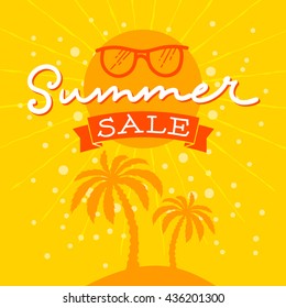 Summer Sale Vector Illustration. Hand Lettered text with Glasses and palms in the background.