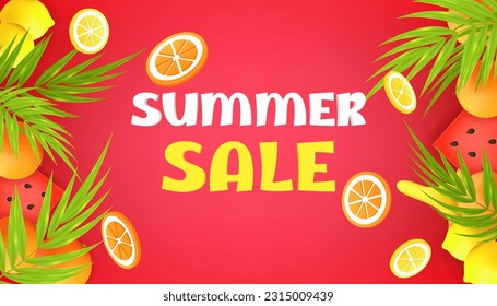 Summer sale. Vector illustration of a juicy red watermelon, lemon slice, orange fruit set against a lush tropical background with palm trees. Perfect for summer sales, promotions, flyers, poster.
