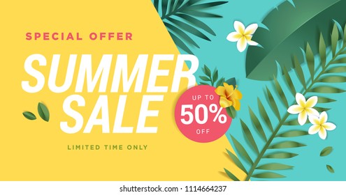 Summer sale vector illustration for mobile and social media banner, poster, shopping ads, marketing material. Lettering concept with summer elements for product promotion.