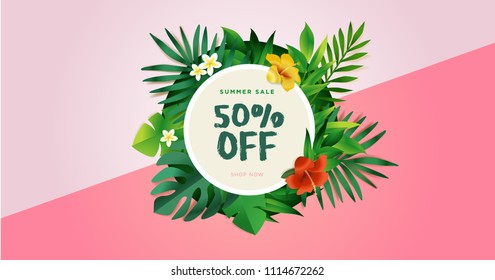 Summer sale vector illustration for mobile and social media banner, poster, shopping ads, marketing material. Lettering concept for beauty and cosmetics, natural products, fashion.