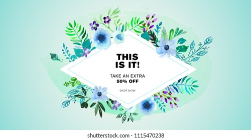 Summer sale vector illustration for mobile and social media banner, poster, shopping ads, marketing material. Lettering concept with floral elements for beauty and cosmetics, natural products, fashion