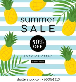 Summer sale Vector illustration. Summer sale with pineapple on blue stripe background.