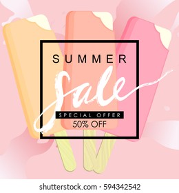 Summer sale vector illustration. Pink melting ice cream. Brochure design, flayer, special offer, discount voucher template.