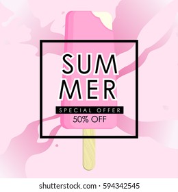 Summer sale vector illustration. Pink melting ice cream. Brochure design, flayer, special offer, discount voucher template.