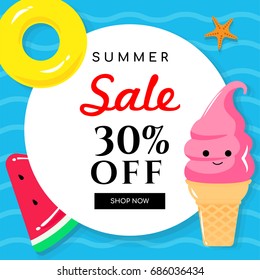 Summer sale vector illustration, Pool toys and yellow inflatable ring floating on water.