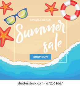 Summer sale vector illustration with sun glasses, sea stars and buoy on sea shore beach background, design template