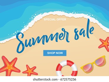 Summer sale vector illustration with sun glasses, sea stars and buoy on sea shore beach background, design template