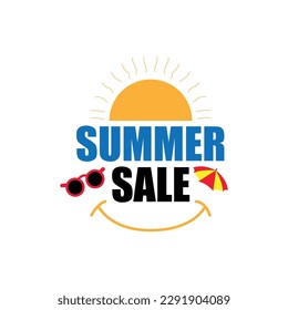 Summer sale vector illustration with sunglasses, umbrella, sun, smile icon. Summer special discount promotion business tag.