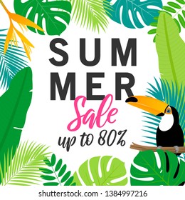 Summer Sale Vector illustration. Toco toucan bird with tropical leaves.