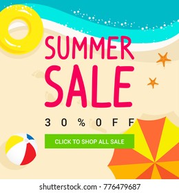 Summer sale vector illustration, Top view of beach with summer elements 